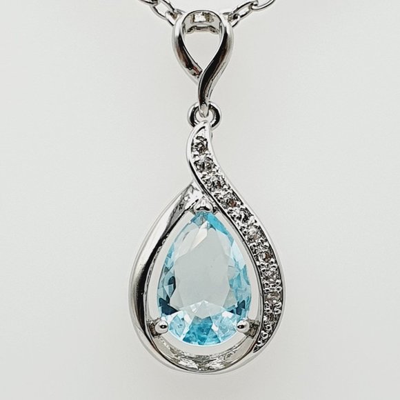 💞Elegant Water Drop Light Blue Hollow Pear Silver Plated Necklace, EVGG1011 - Picture 8 of 9